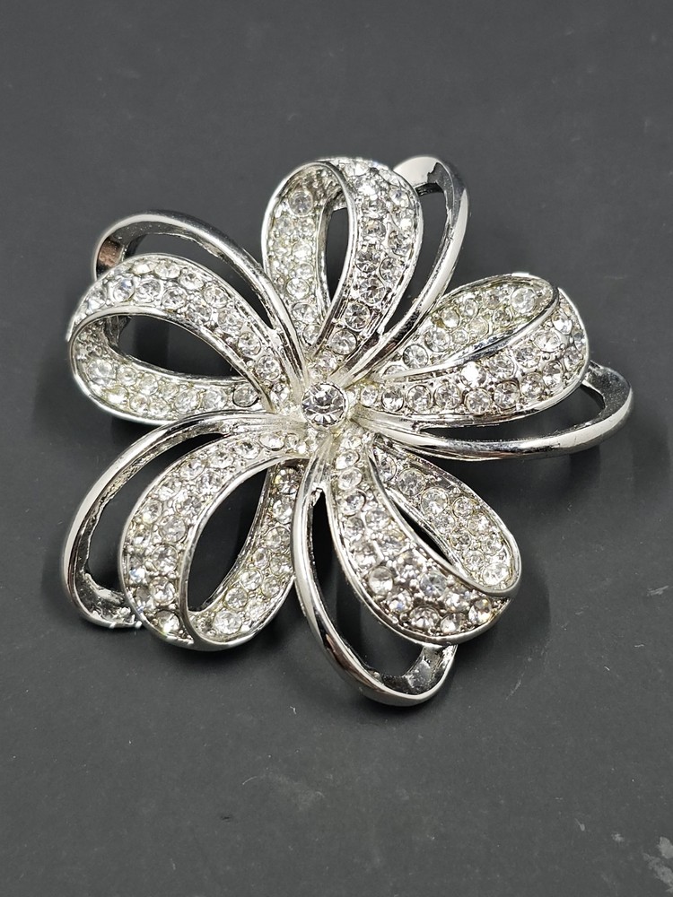 Vintage Monet Silverton Rhinestone Flower Bow Ribbon Brooch, 2.25″ Diameter