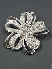 Vintage Monet Silverton Rhinestone Flower Bow Ribbon Brooch, 2.25″ Diameter