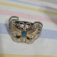 VINTAGE Bell Trading Post Nickel Silver Turquoise Butterfly 6 3/4″ Cuff Bracelet