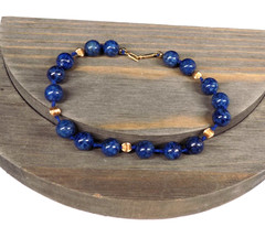 Vintage Lapis Lazuli Bracelet 14K Yellow Gold Clasp Etched Beads Hand Knotted 8″