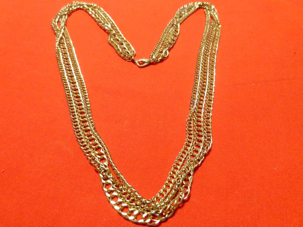 ANTIQUE 29 in GOLD PLATED NECKLACE 3 STRAND CHAINS VERY SHINY FINISH -NICE #086