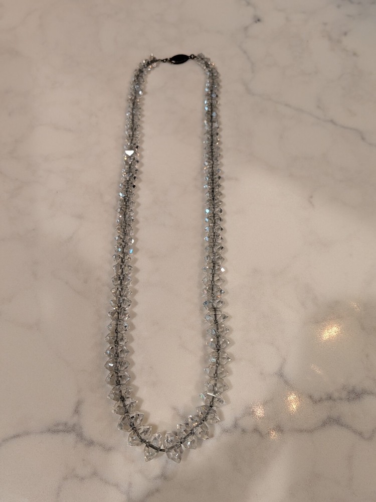 RARE Art Deco Hexagon beaded silver rock crystal 18” necklace