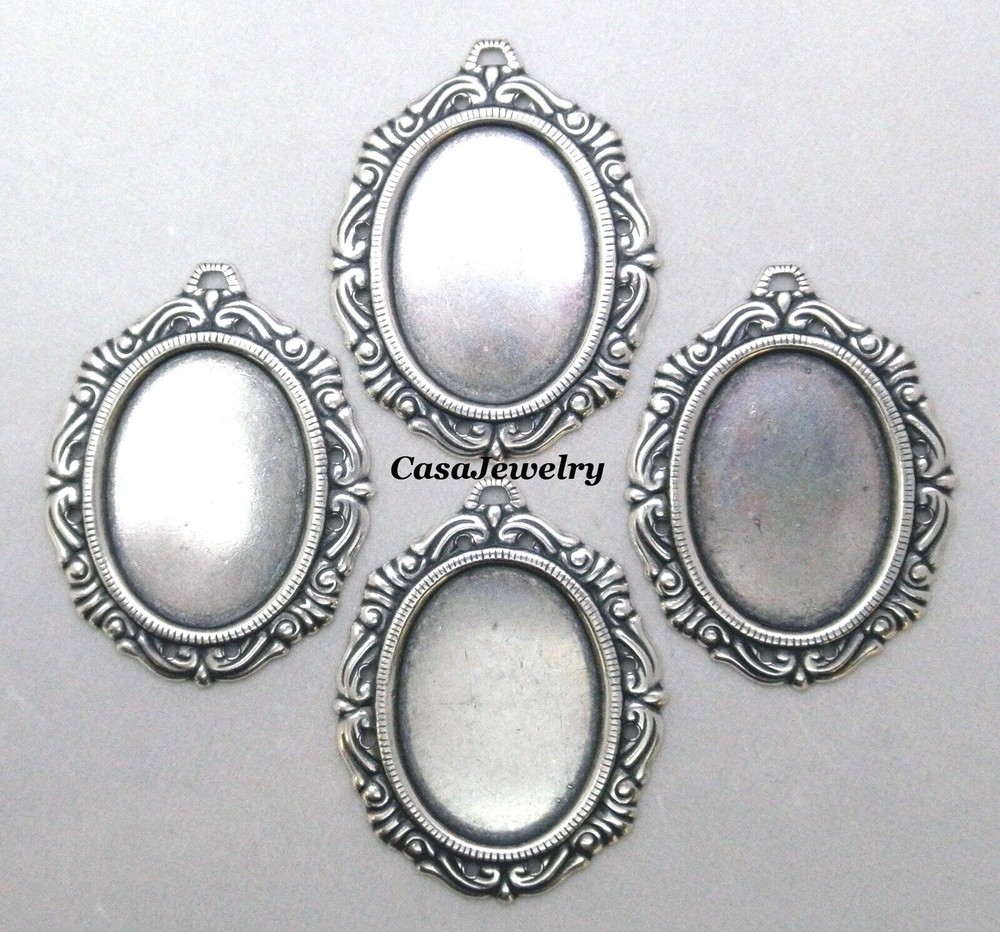 #1154 ANTIQUED STERLING SILVER PLATED 25X18 FILIGREE BORDER BEZEL W/RING – 4 Pcs