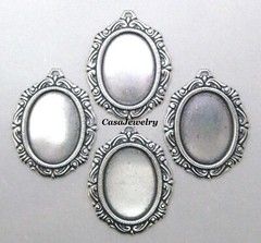 #1154 ANTIQUED STERLING SILVER PLATED 25X18 FILIGREE BORDER BEZEL W/RING – 4 Pcs