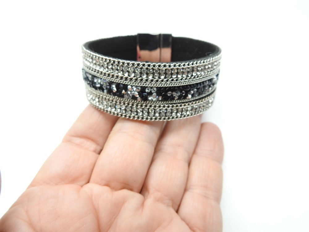 Hildie & Jo Black Clear Rhinestone Silver Tone Metal Magnetic Bracelet Vintage