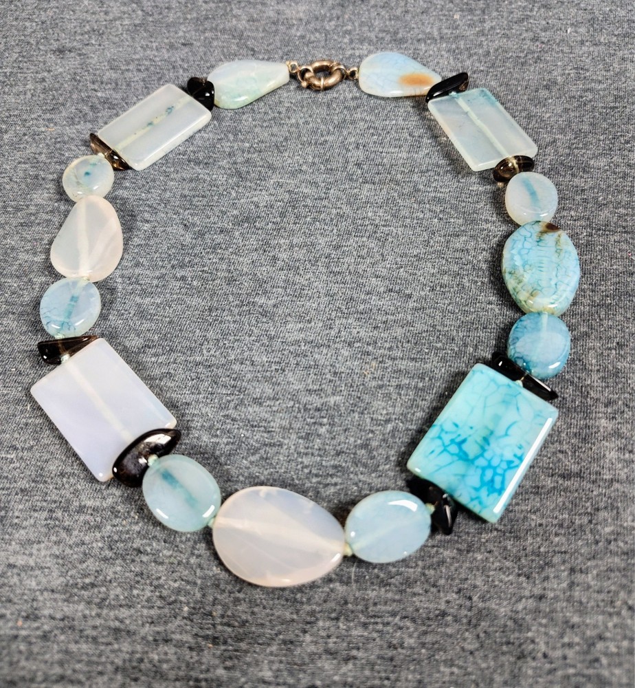 Vintage Aquamarine, Amazonite, & Smoky Quartz Gemstone Glass Chunky Necklace 16″