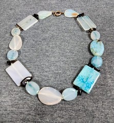 Vintage Aquamarine, Amazonite, & Smoky Quartz Gemstone Glass Chunky Necklace 16″