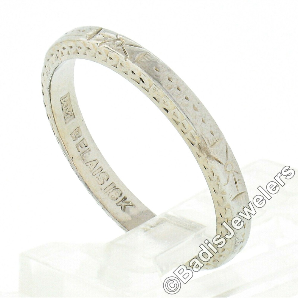 Antique Art Deco Belais 18k White Gold Engraved Work Eternity Stack Band Ring