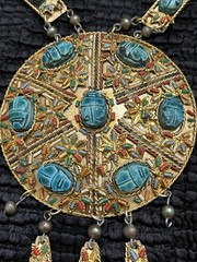 Vintage Egyptian Revival Pectoral Statement Necklace Glaze Soapstone Scarab Gilt