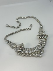 Vintage Rhinestone Crystal Silver-Tone BIB Statement Necklace Choker ~ 15-in