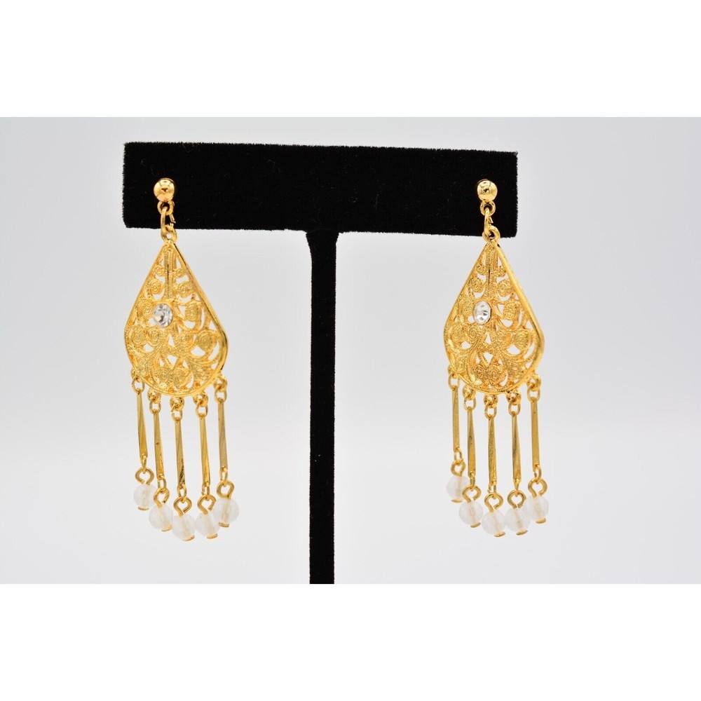 Vintage Dangle Earrings Lucite Frosted Brushed Gold Rhinestone NOS 1980s BinAK