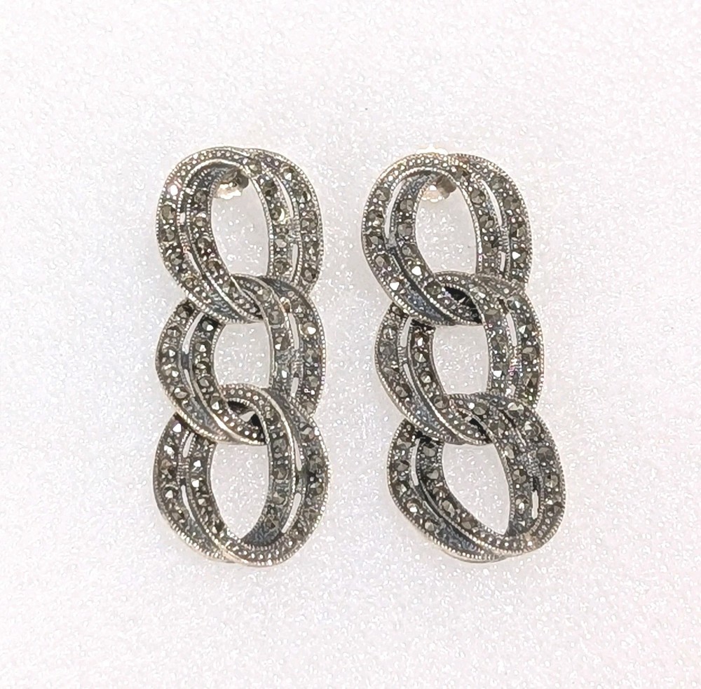 Vintage FAS Sterling Silver Marcasite Drop Dangle 1.75″ Post Earrings 11 Grams