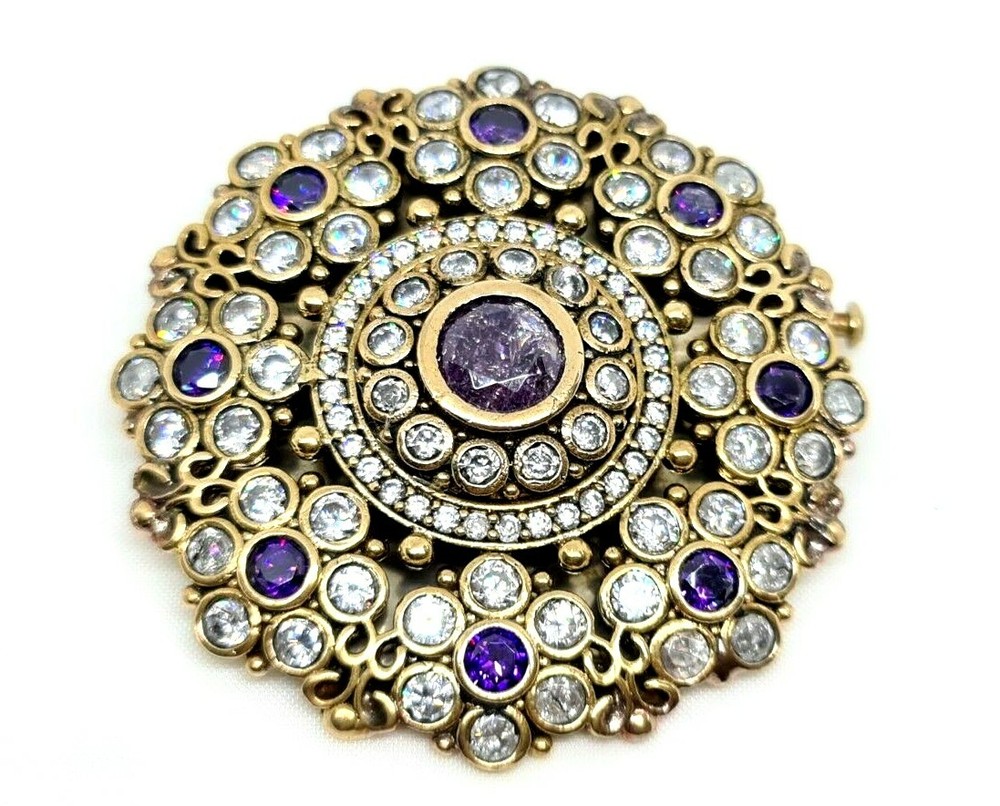 Vintage Silver Brooch Plated With Gold Water Set With Zrconia And Amethy Stones.