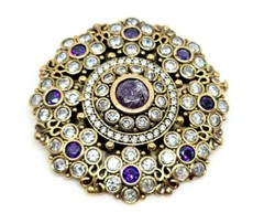 Vintage Silver Brooch Plated With Gold Water Set With Zrconia And Amethy Stones.