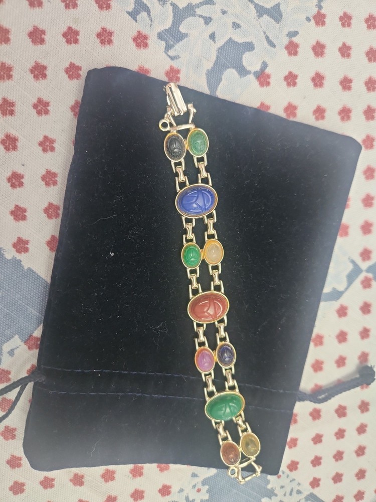 Vintage Gold Tone Scarab Double Links Bracelet