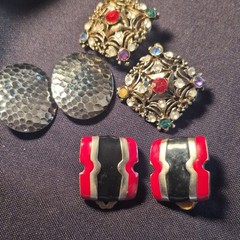 3 pr Vintage Clip-On Dangle Drop Geometric Multicolor Hammered Retro Earrings