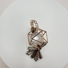 Vintage Gold Tone Geometric Cage Pendant with Clear Lucite Crystal Prism