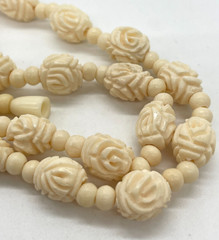 VTG Hand Carved Bovine Bone Floral pendant Roses beaded Necklace 22″ Boho
