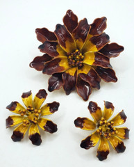 Vintage Large Brown and Yellow Enamel Flower Brooch & Clip On Earrings Beautiful