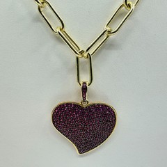 Gold Tone Red Pave Rhinestone Heart Pendant Paperclip Chain Necklace Statement