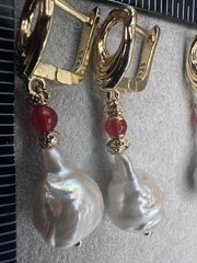 White Baroque Pearl Earrings With Carnelian Accent, Melting Lever back