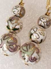 Japanese Bead Earrings Yellow Gold PL Hook Pin Accent White Lavender Floral Vtg