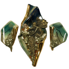 Vintage Ceramic Goddess Earrings Brooch Set