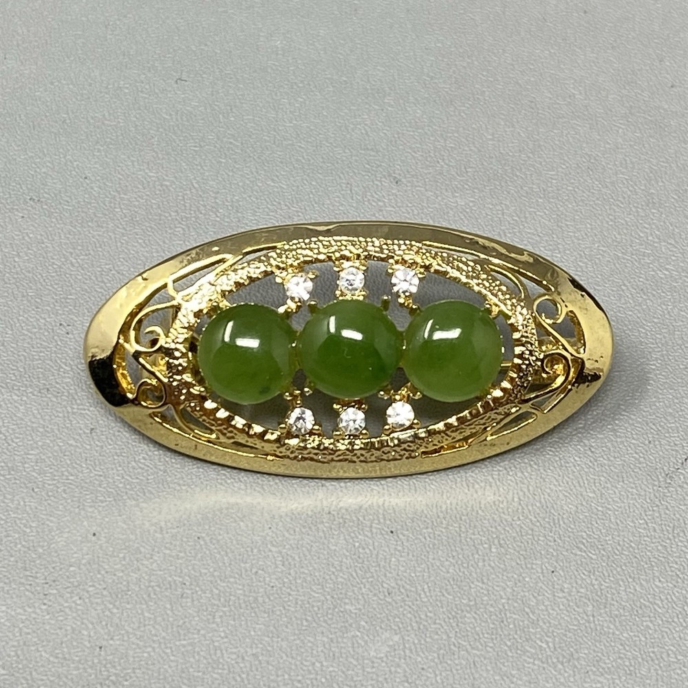 Stone Brooch Pin Green Gemstone Cabochons Gold Tone Filigree Glass Rhinestones