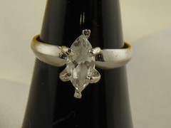 10mm Marquise Cut White Glass Prong Setting on 925 Sterling Vintage Ring Size 7