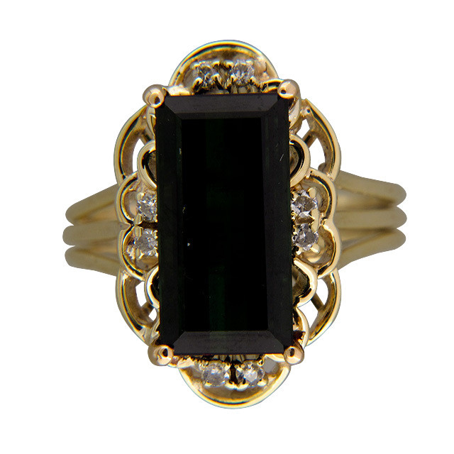 Vintage Elongated 4.00ct Deep Emerald Cut Tourmaline 14k yellow Gold .08CT Diam