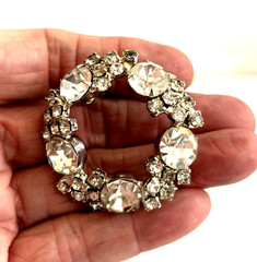 Vintage mid-century silvertone clear Prong Set rhinestone circle brooch 1 3/4”