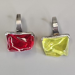 Acrylic Ring Lot of 2 Red yellow Faux Rock Silver Tone 1970s Chunky Adjustable 7