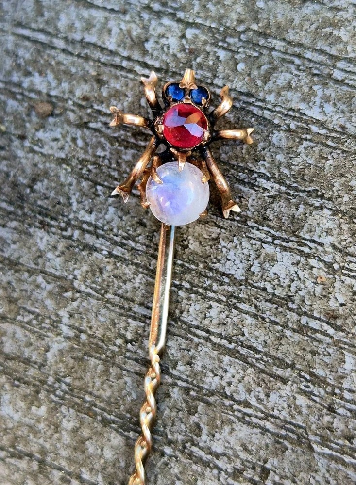 10K Rose Gold Antique Spider Stick Pin Sapphires Ruby Moonstone Victorian Rare!!