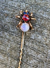 10K Rose Gold Antique Spider Stick Pin Sapphires Ruby Moonstone Victorian Rare!!