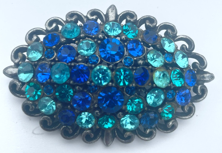 Vintage Hollycraft Signed Blue Rhinestone Brooch Pin 2” Oval