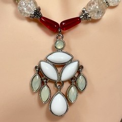 Handmade Red & Clear Crackle Glass Bead Necklace Acrylic Pendant Magnetic Clasp