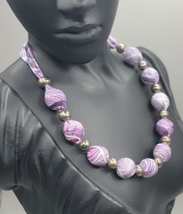 Vintage Purple Silk Wrapped Bead Necklace White Swirl Silver Tone Spacers 22″