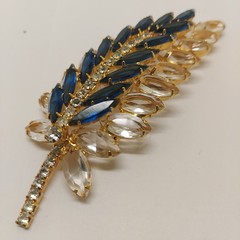 Juliana D&E DeLizza Elster Feather Leaf Brooch Blue Navette Clear Rhinestones 4′