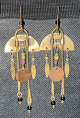 Vintage Brass Dangle Earrings Tribal Boho Geometric Beads Mixed Metal 3 In