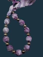 Vintage Purple Silk Wrapped Bead Necklace White Swirl Silver Tone Spacers 22″