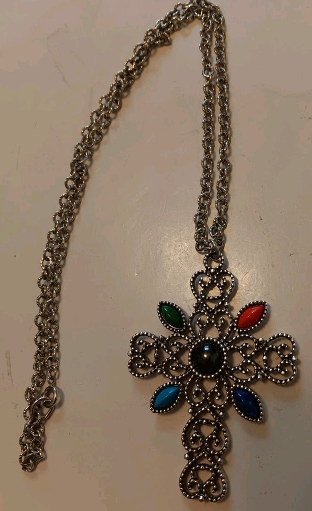 Vintage Avon Silver Tone Filigree Cross Necklace with Faux Gemstones – 24 inch