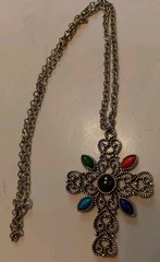 Vintage Avon Silver Tone Filigree Cross Necklace with Faux Gemstones – 24 inch