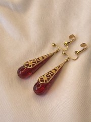 Avon Vintage Clip-On Red Lucite Drop Goldtone Filigree Dangly