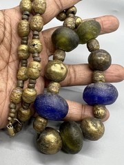Vintage Blue Green Tumbled Glass Brass Beaded Necklace 24”