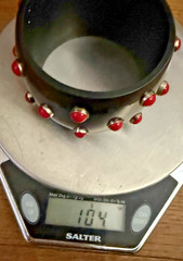 BIG Vtg 2” Black Resin Sterling Inset Red Coral STATEMENT Bangle Bracelet
