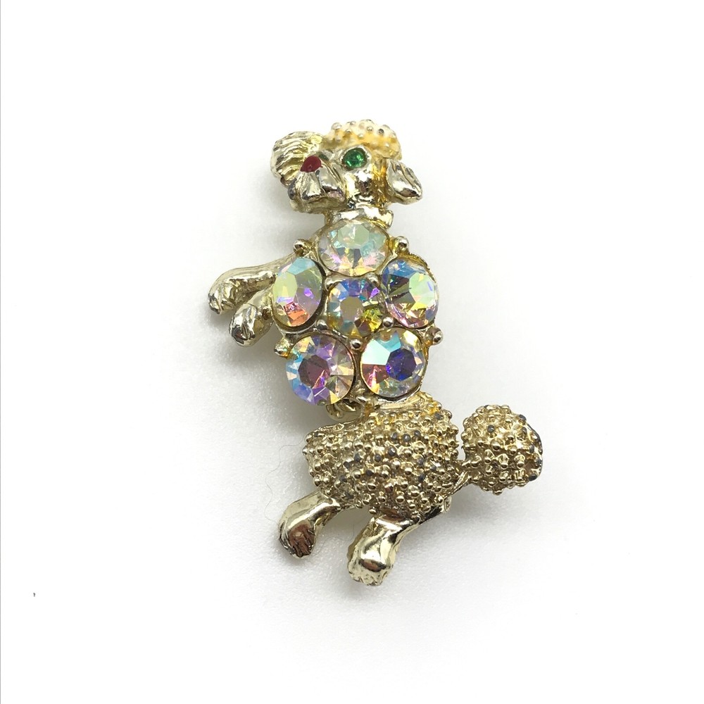 Vintage AB Rhinestone Green Eyed Poodle Dog Gold Tone Brooch Pin