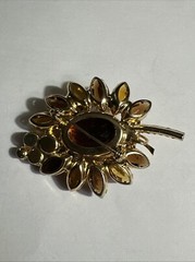 JULIANA Brooch D&E Book Piece Orange & Root Beer Rhinestones Gold Leaves Vintage