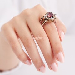 Turkish Reversible Round Red Ruby and Black Onyx Topaz 925 Sterling Silver Ring
