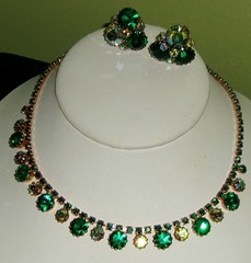 Vintage Green/AB Rhinestone Necklace Earring Set Demi-Signed Weiss