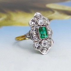 Vintage Style Edwardian Emerald and Lab Created Diamond Ring In 14k Gold Finish